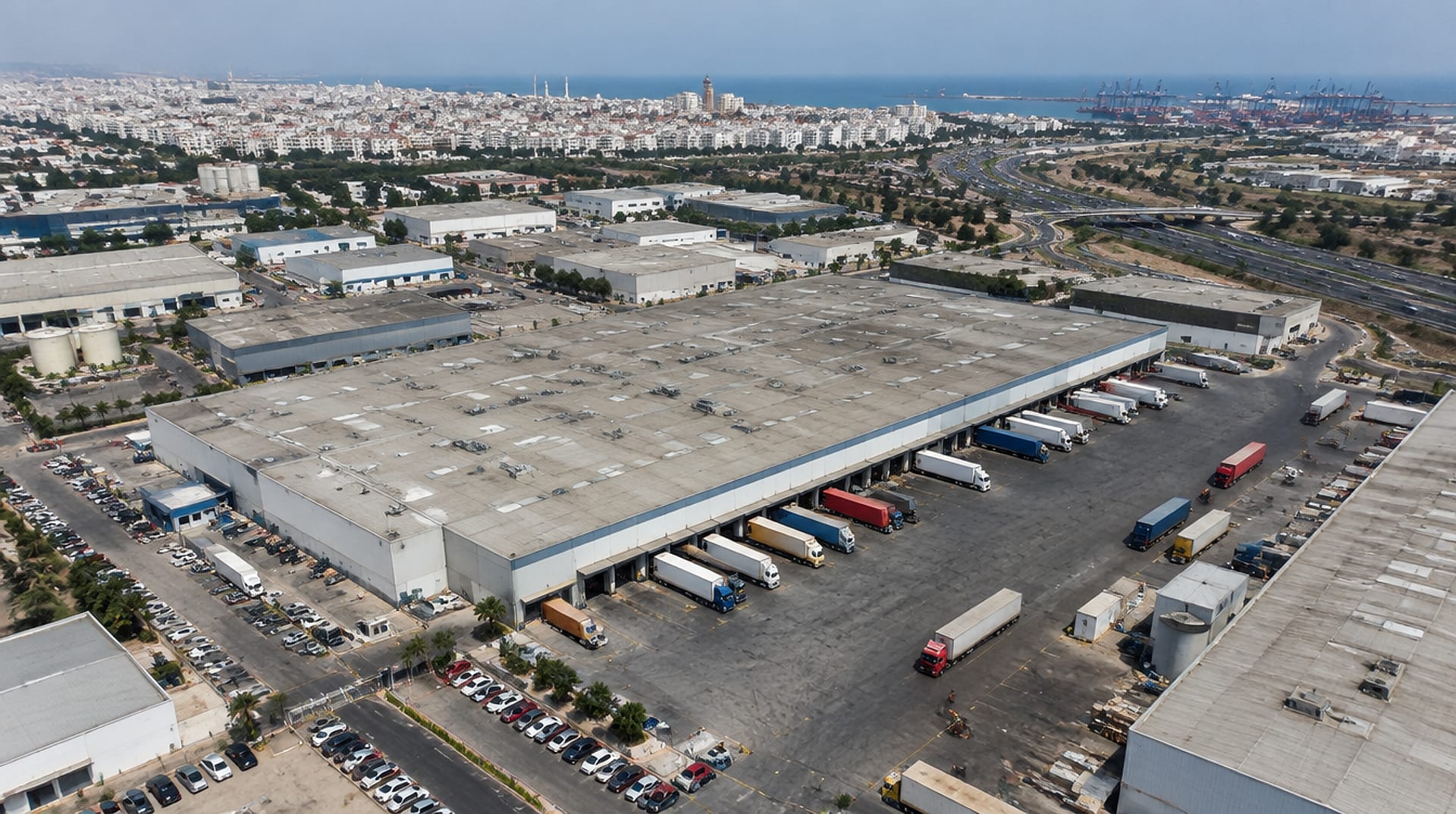 Vue aérienne d'un grand entrepôt de distribution avec ses quais de chargement et ses camions